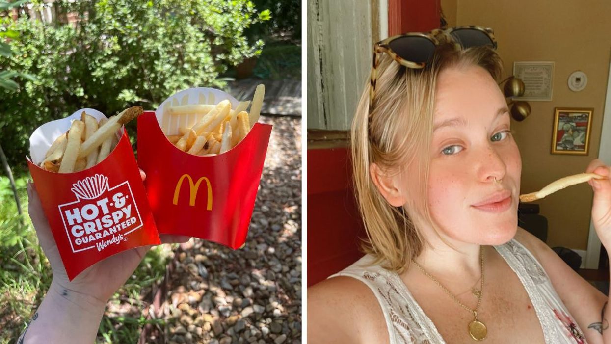 Medium fries from Wendy's and McDonald's. Right: Maeve eating a fry.
