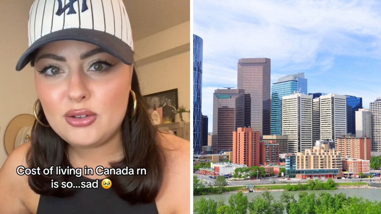 Meelayna Moran on TikTok. Right: The skyline of downtown Calgary.