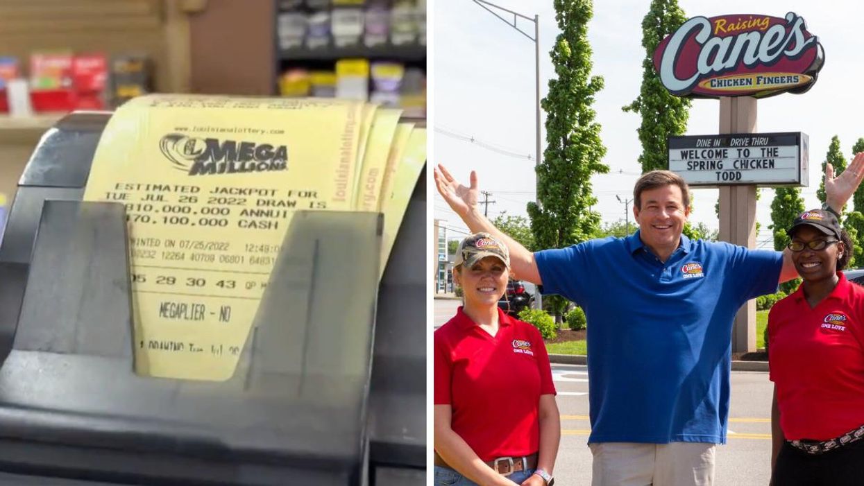 Mega Millions lottery tickets being printed. Right: Todd Graves with two Raising Cane's staff members.