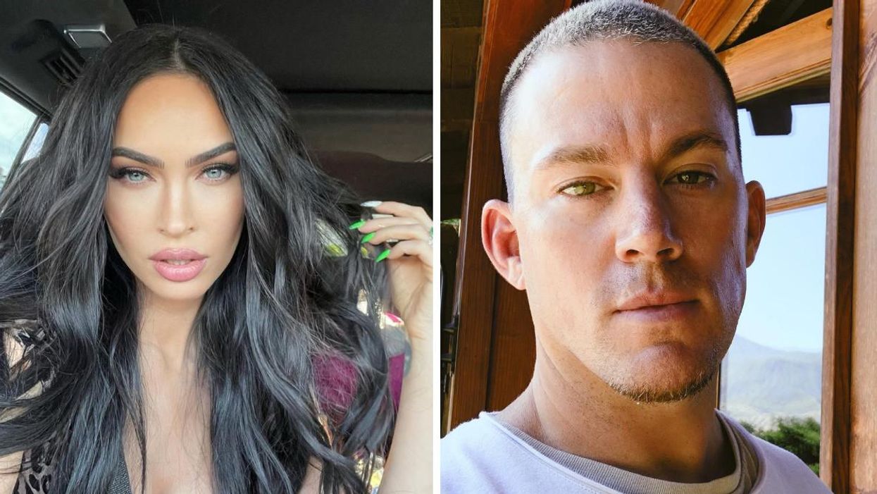 Megan Fox holding her hair. Right: Channing Tatum looking at the camera.