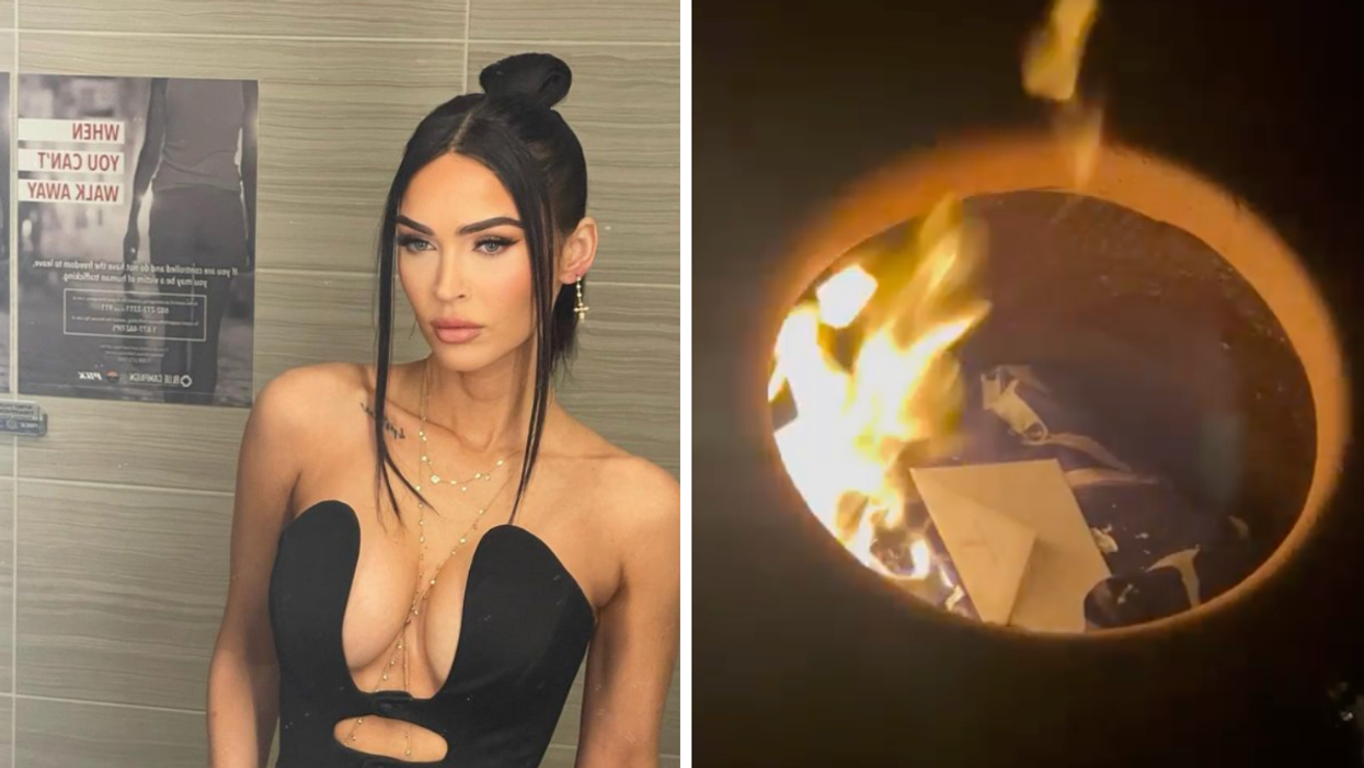 Megan Fox. Right: A burning letter.