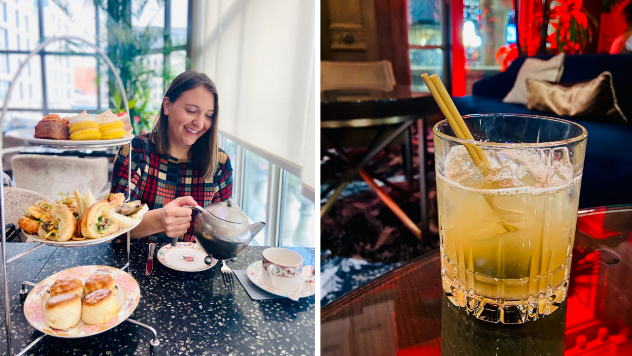 Megan having afternoon tea at the Fairmont hotel. Right: Cocktail in The Reading Lounge.