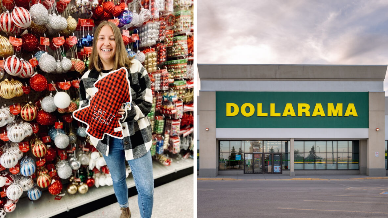 Megan holding a Christmas pillow in Dollarama. Right: Dollarama store sign.