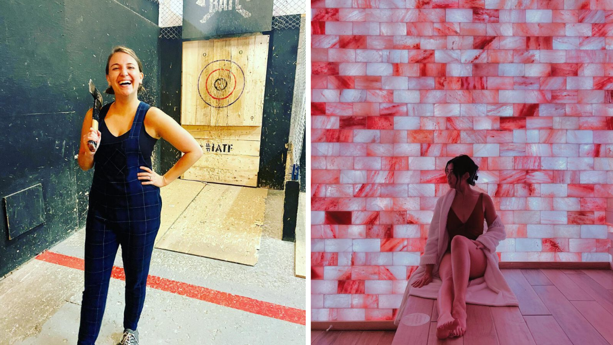 Megan holding an axe in front of a target. Right: Woman relaxing in a spa salt room.
