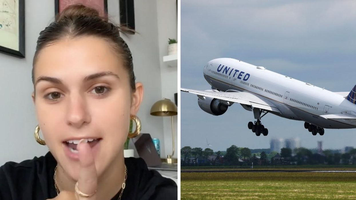 Megan Homme. Right: A United Airlines flight taking off.