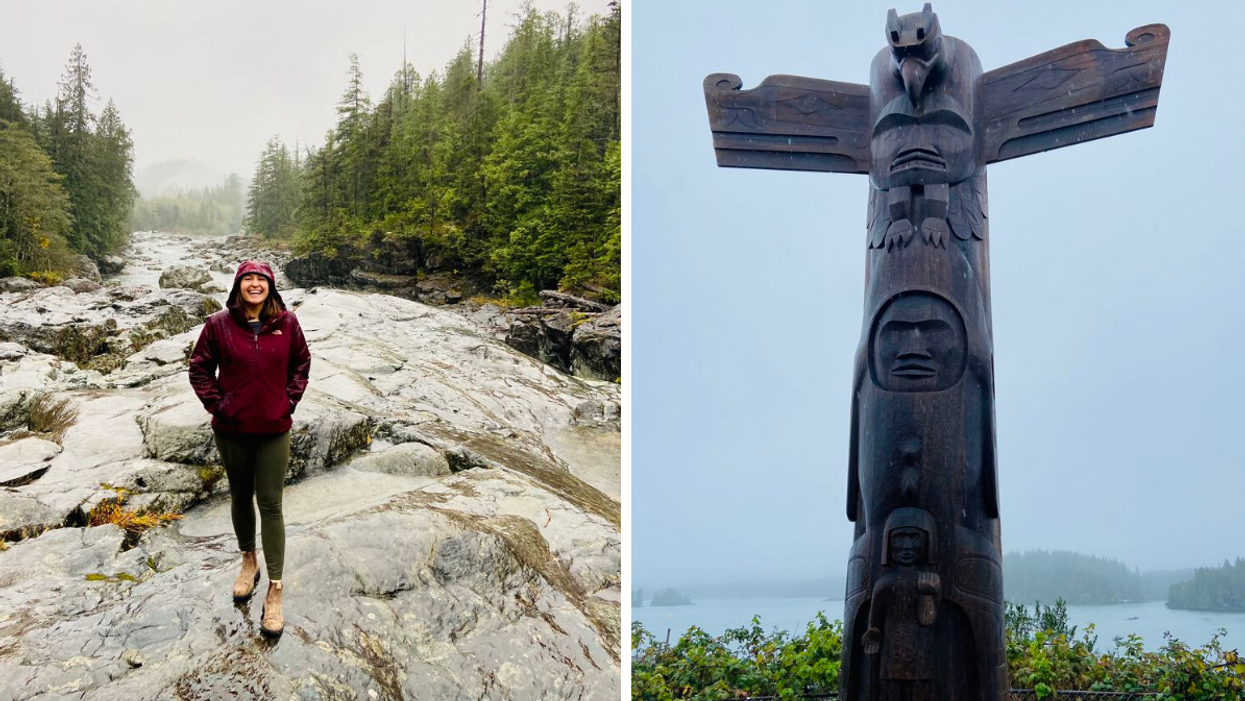 Megan in a Tla-o-qui-aht Tribal Park. Right: Wooden totem pole in Tofino, BC.