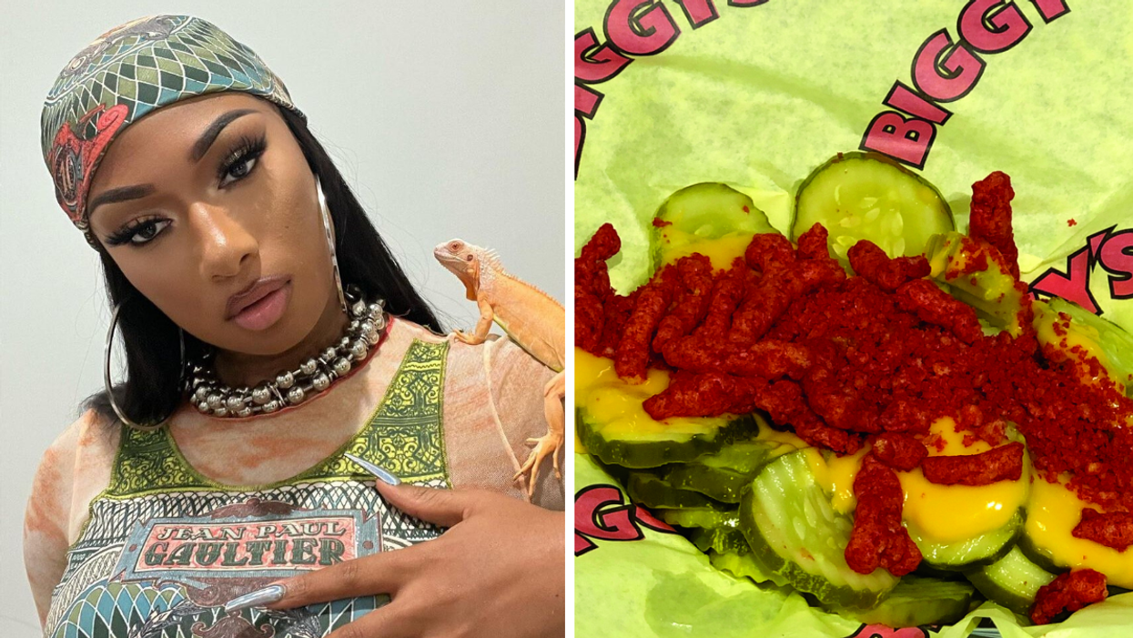 Megan Thee Stallion with her pet lizard on her shoulder. Right: The Crunchy Flamin’ Hot Pickles dish offered the Houston Rodeo in 2022.