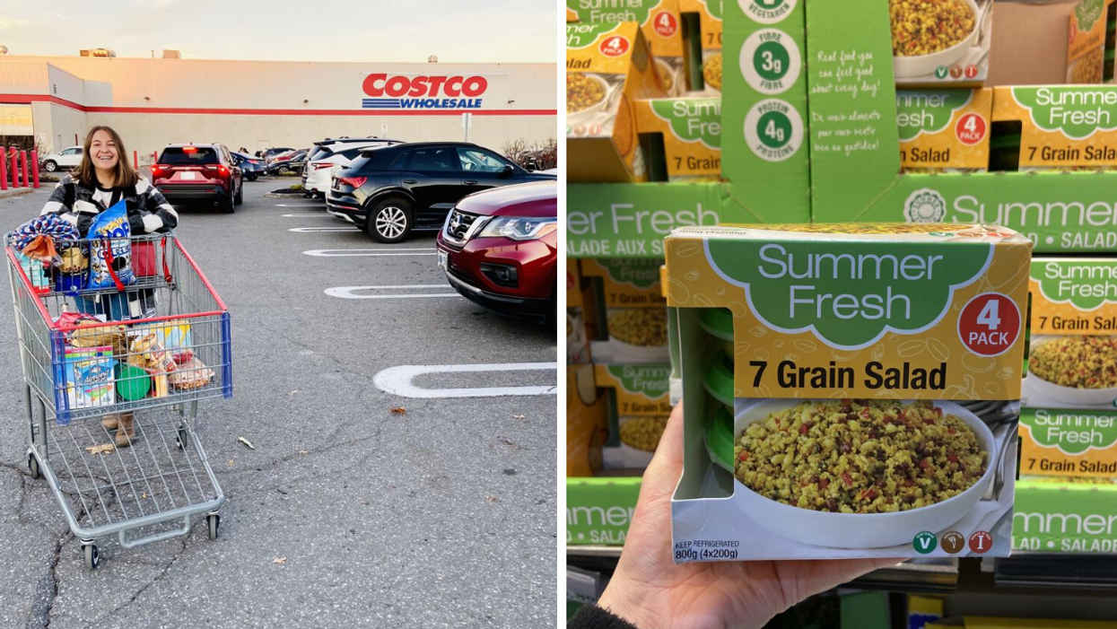 Megan with a cart of groceries at Costco. Right: Summer Fresh 7 Grain Salad 4-pack.