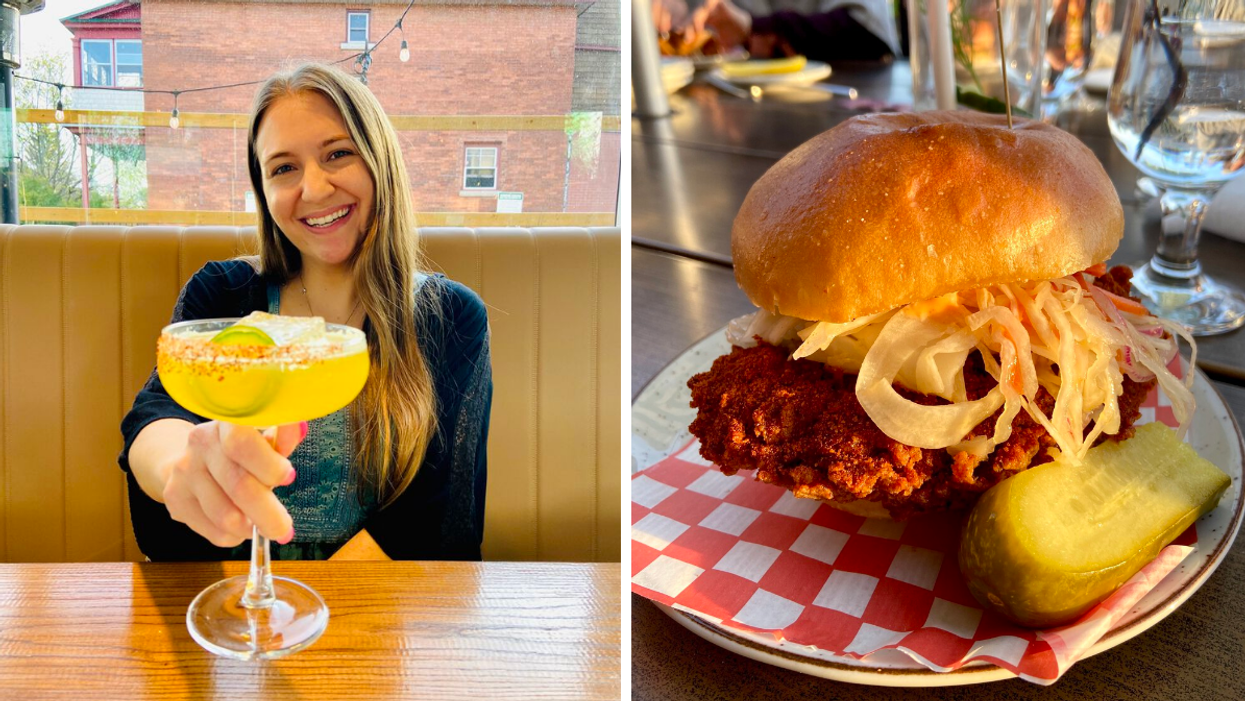 Megan with a margarita at Soca Kitchen. Right: Fried chicken sandwich from Umbrella Bar.