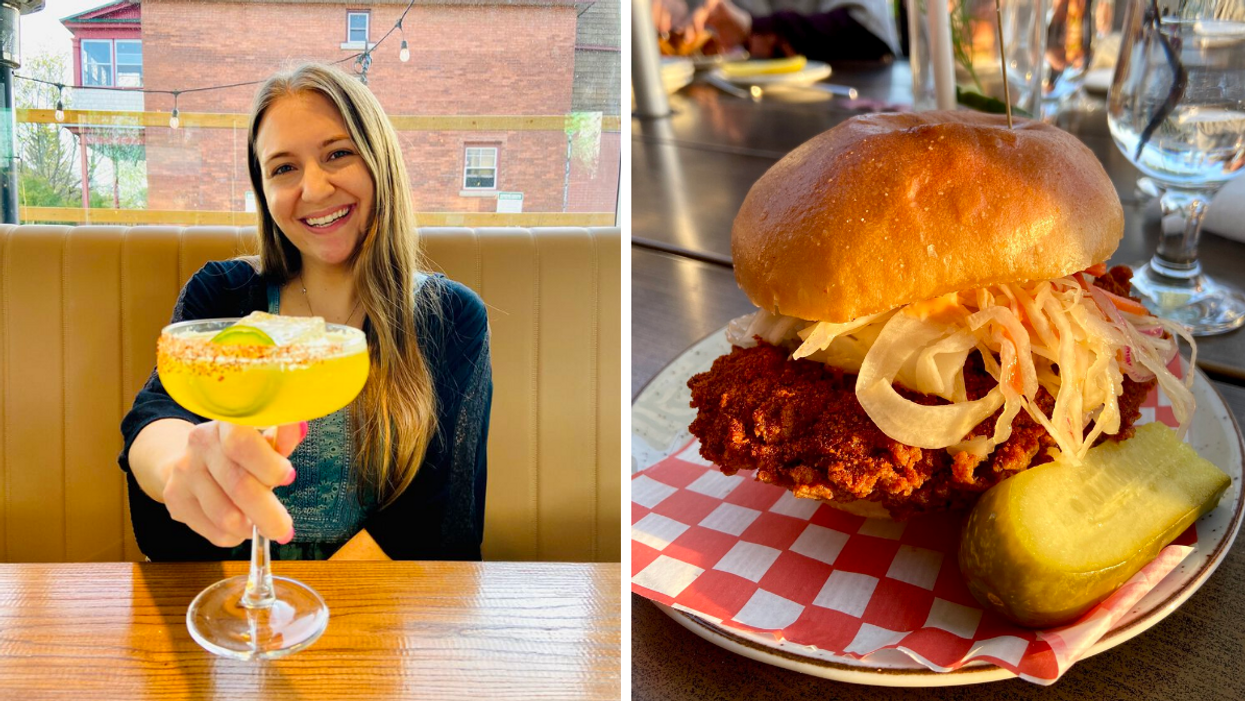 Megan with a margarita at Soca Kitchen. Right: Fried chicken sandwich from Umbrella Bar.