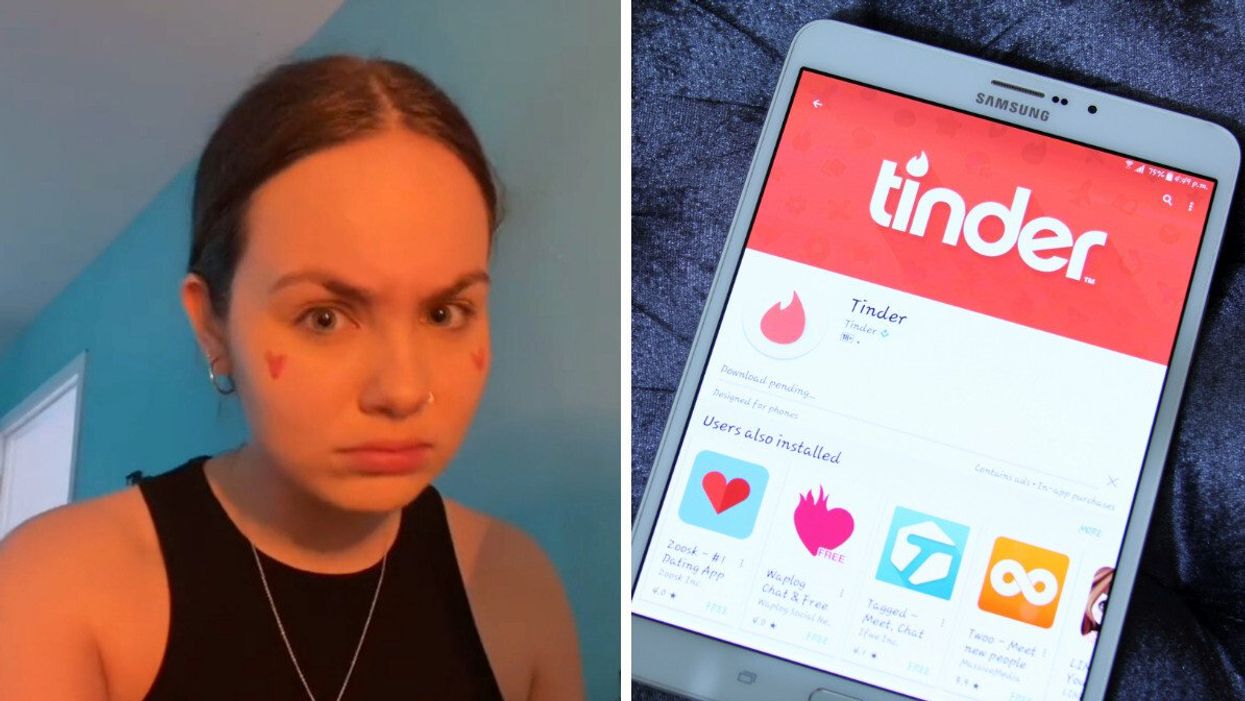 Meganne Pigeon. Droite : Photo Tinder.