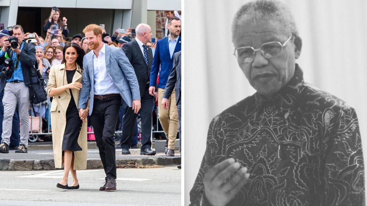 Meghan Markle and Prince Harry on their Australian tour in 2018. Right: Nelson Mandela.