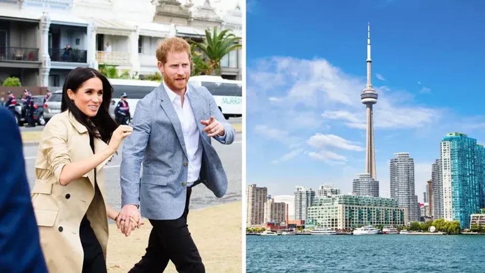 Meghan Markle and Prince Harry. Right: CN Tower.