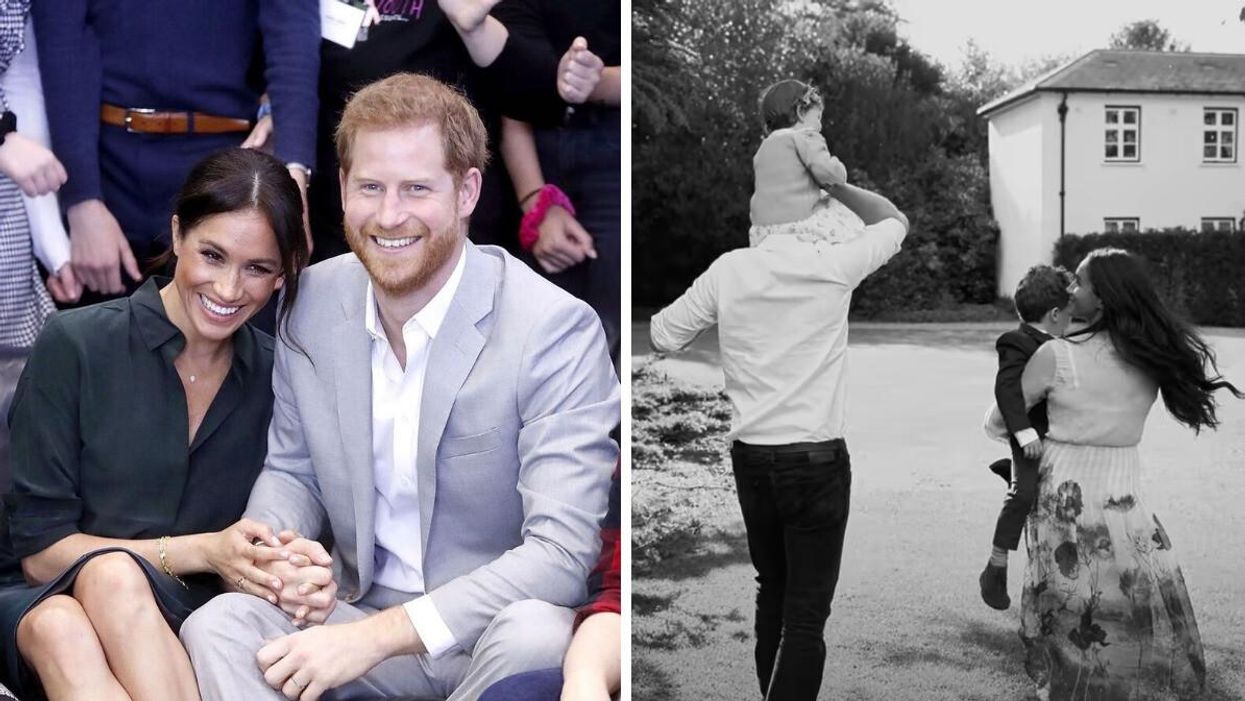 Meghan Markle and Prince Harry. Right: Prince Harry, Meghan Markle and their two children, Archie and Lilibet.