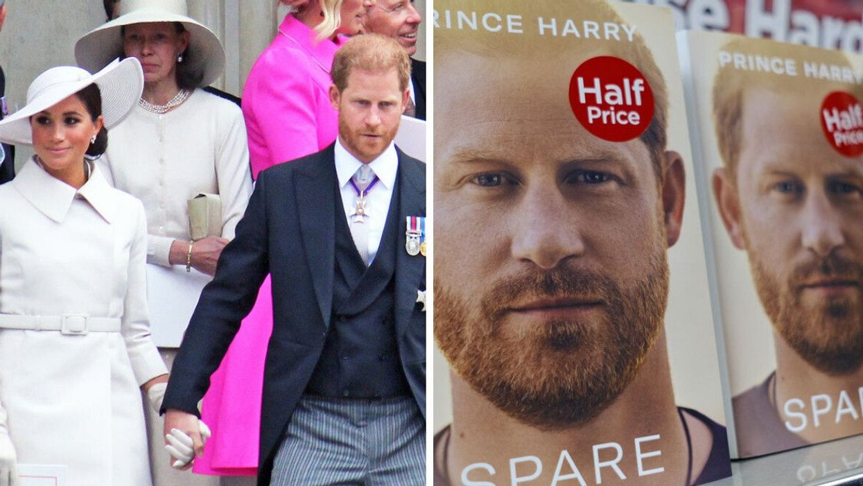 Meghan Markle and Prince Harry. Right: Prince Harry's memoir "Spare."