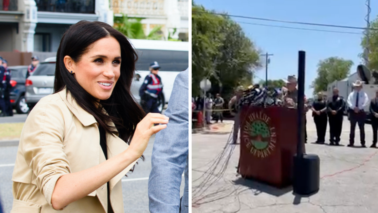 Meghan Markle. Right: Press conference by Uvalde Police Department