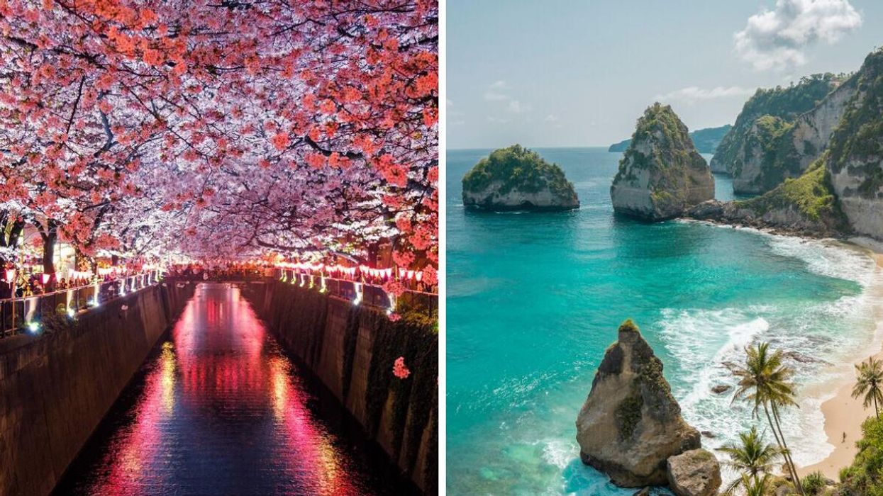 Meguro River in Matsuno, Japan. Right: A beach in Bali, Indonesia.