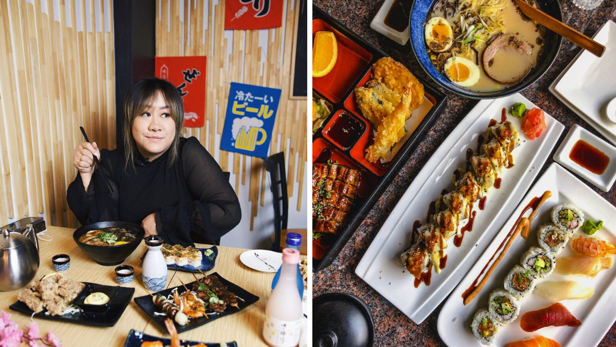Mel eating Japanese food. Right: A table of sushi and ramen.
