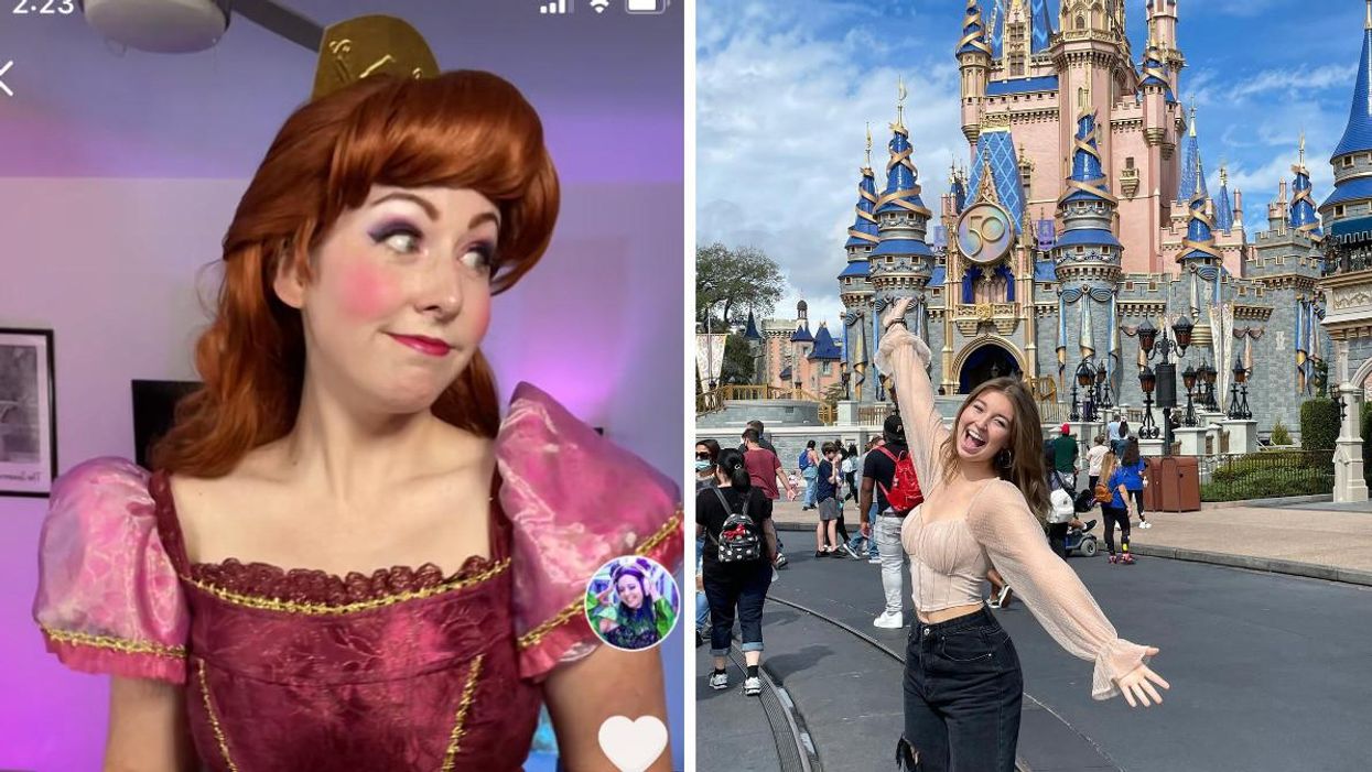 Melanie dressed in costume. Right: A woman poses in front of Cinderella's castle.
