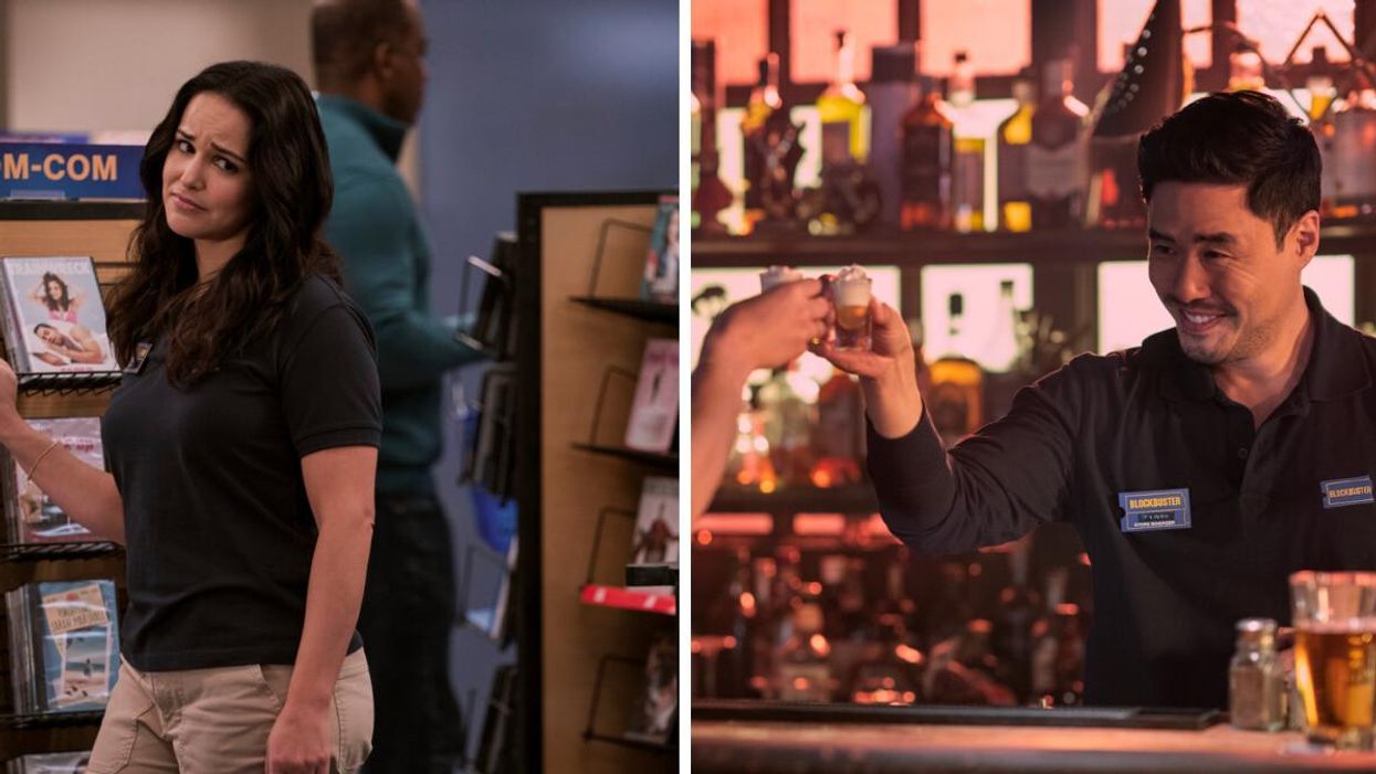 Melissa Fumero in Netflix's 'Blockbuster' show. Right: Randall Park in Netflix's 'Blockbuster' show.