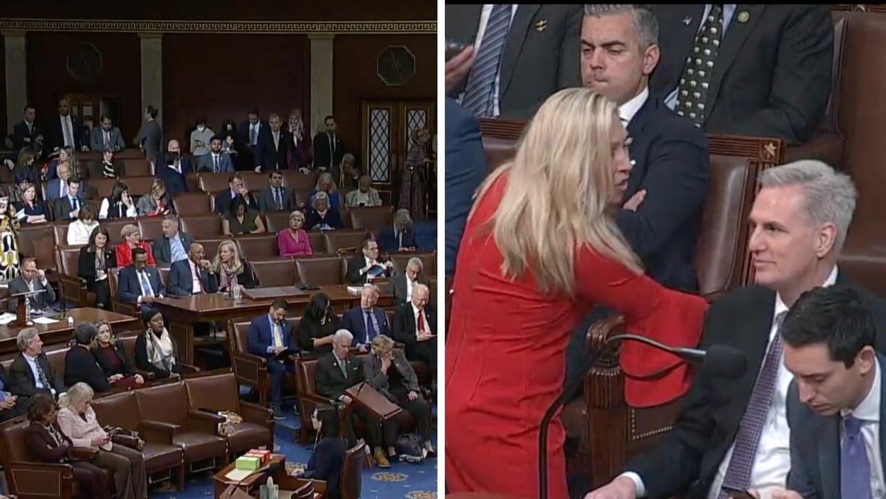 Members of Congress voting on the next Speaker Of the House Of Representatives. Right: Rep. Marjorie Taylor Greene and Rep. Kevin McCarthy.