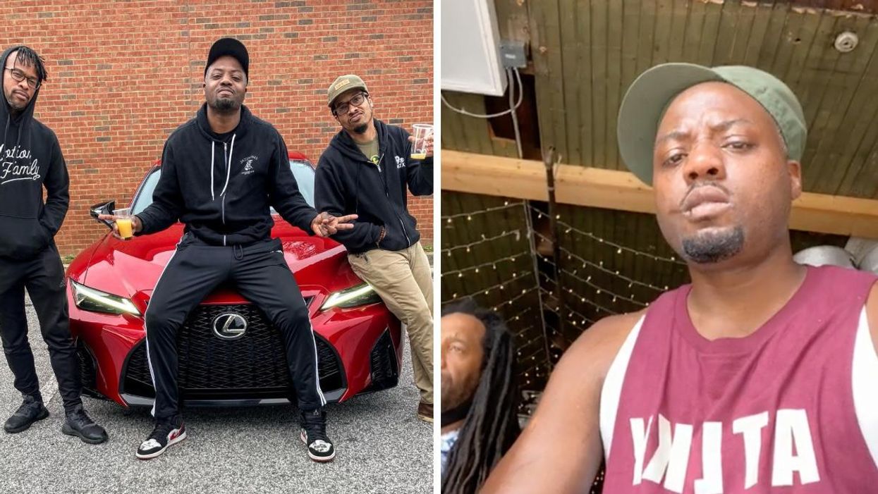 Members of Nappy Roots sitting on a red car. Right: Nappy Roots' member, Fish Scales.