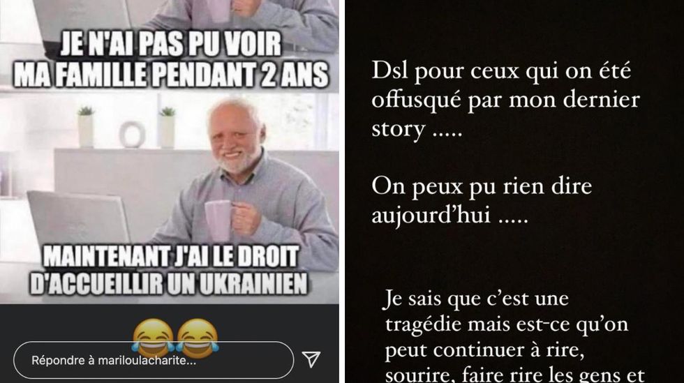 Meme de Marilou Lacharit\u00e9 comparant la COVID-19 et l'Ukraine. Droite : Marilou s'adresse aux gens qu'elle a offusqu\u00e9.