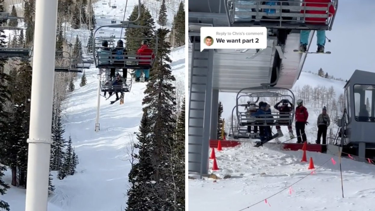 Men fighting on a ski lift. Right: Police talking to the men on the ski lift.