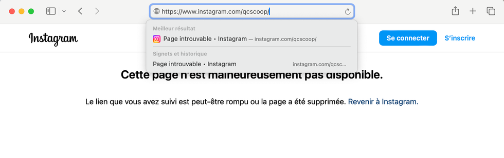 Mention \u00ab Cette page n'est malheureusement pas disponible. \u00bb