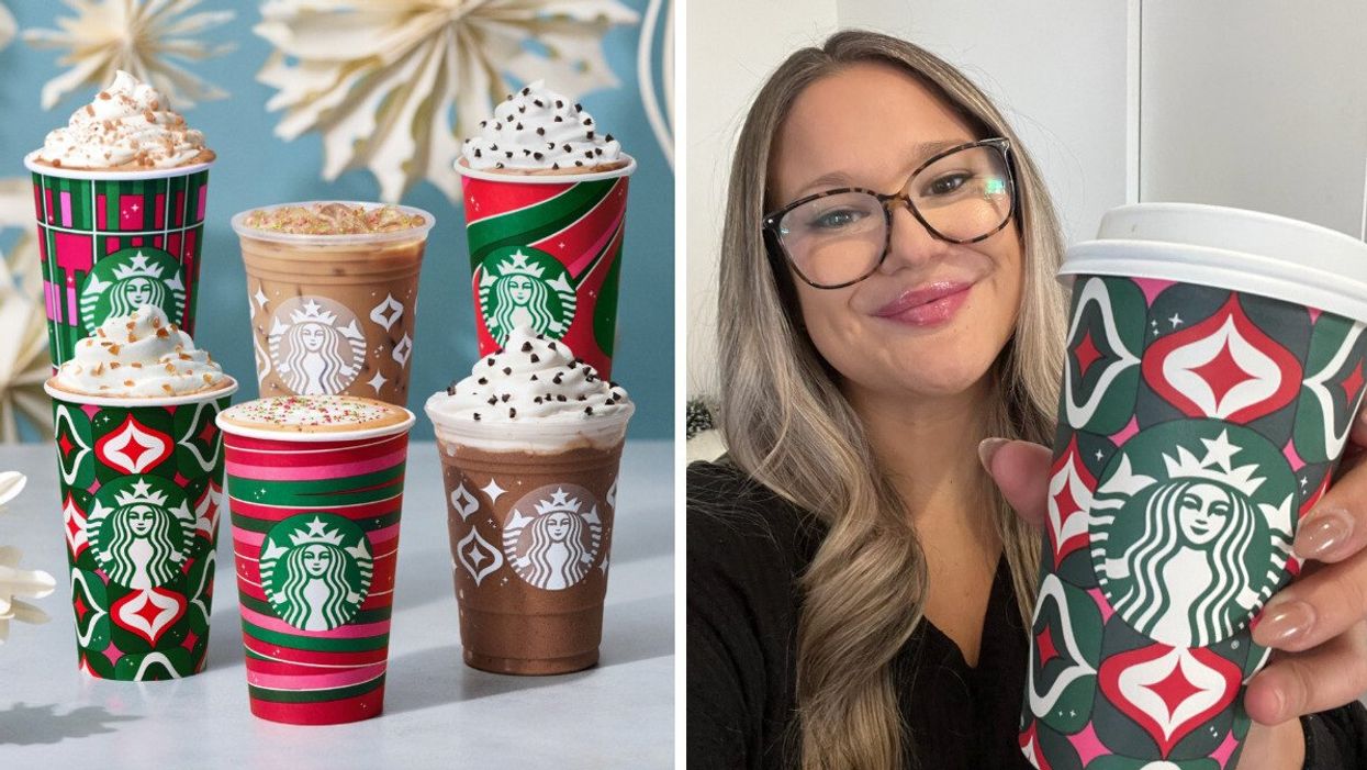 Menu de Noël Starbucks. Droite : Izabelle Bee avec le nouveau breuvage des Fêtes.