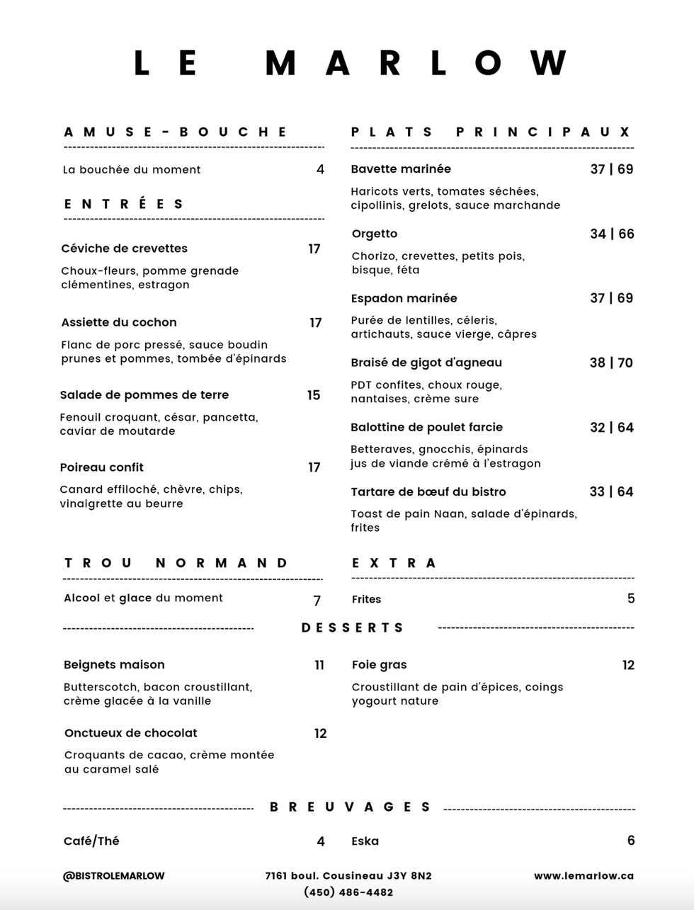 Menu du restaurant le Marlow.
