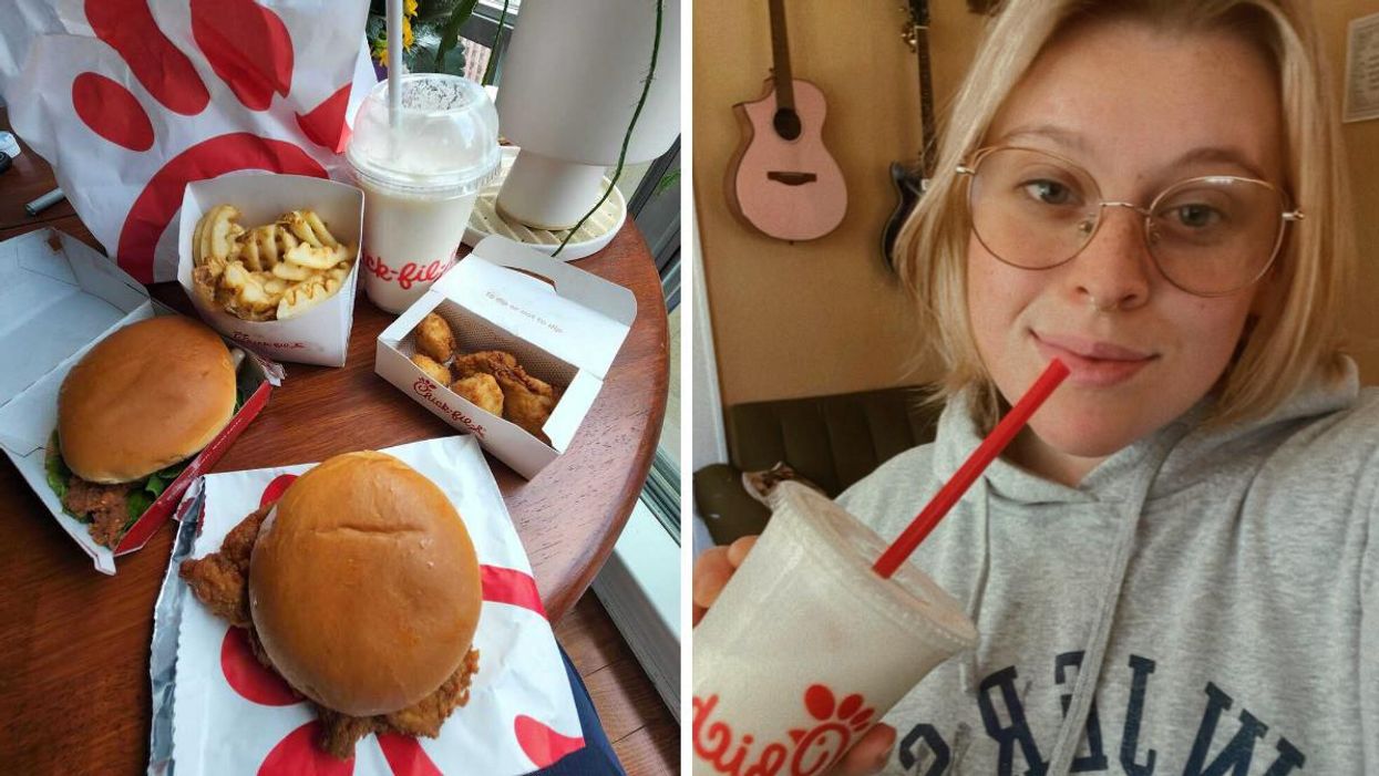 Menu items from the Chick-fil-A in Canada. Right: Maeve drinking a frosted lemonade from the U.S.