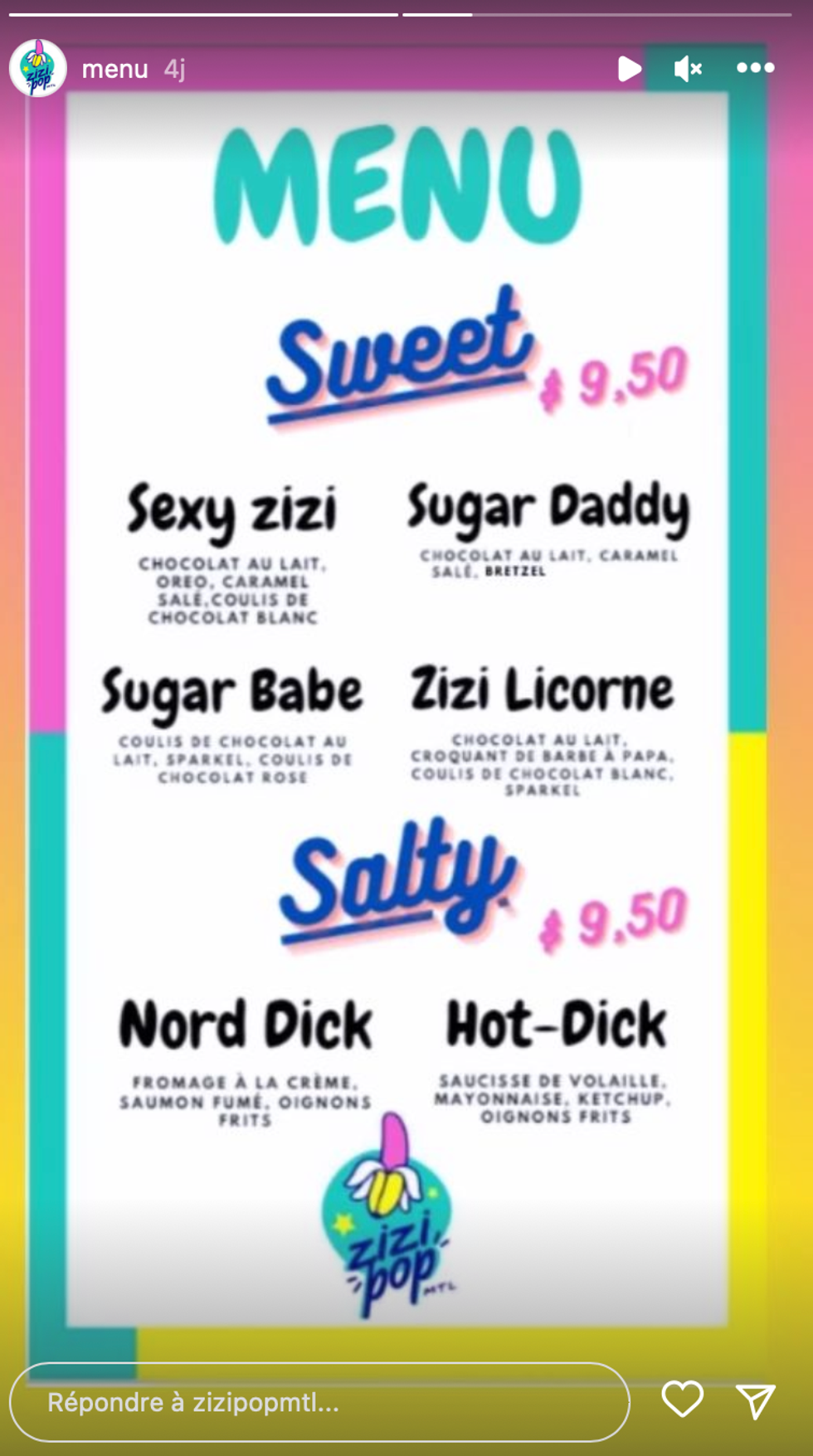 Menu Zizipop au Candi Bar.