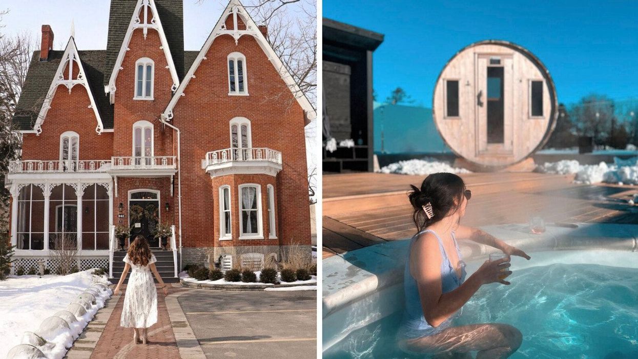 Merrill House in Prince Edward County. Right: A person in a hot tub.