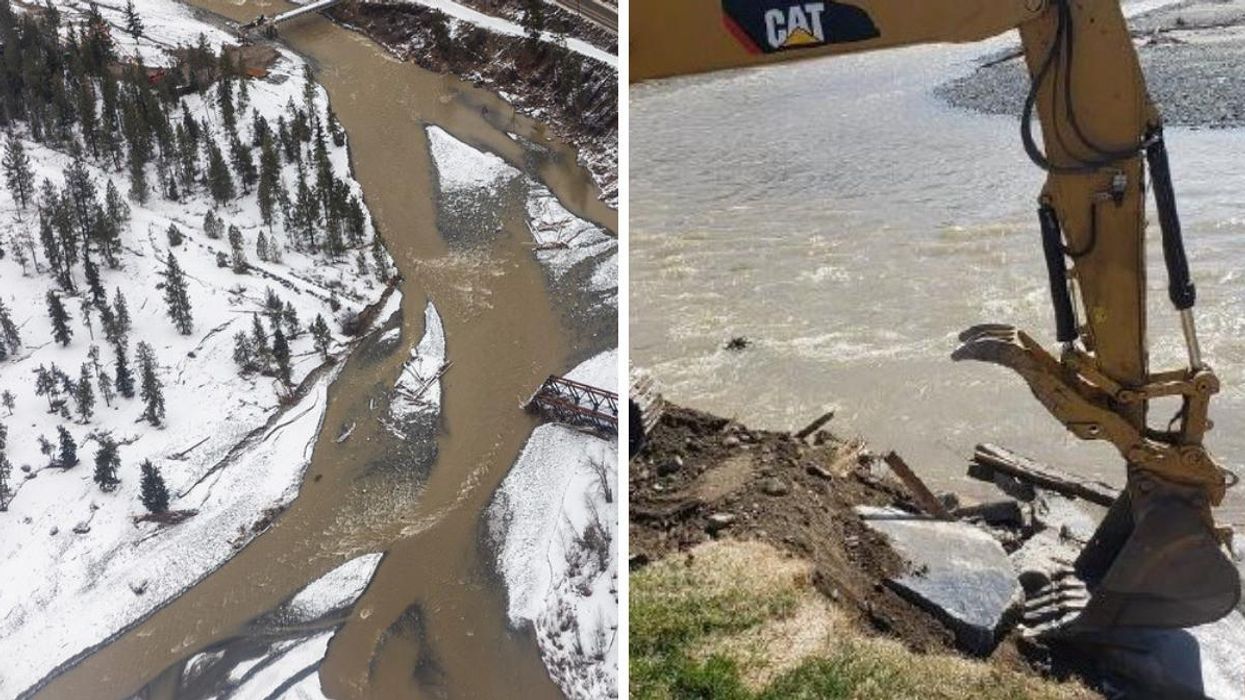 Merritt area after BC flooding. Right: Excavator removing concrete from waterway in B.C.