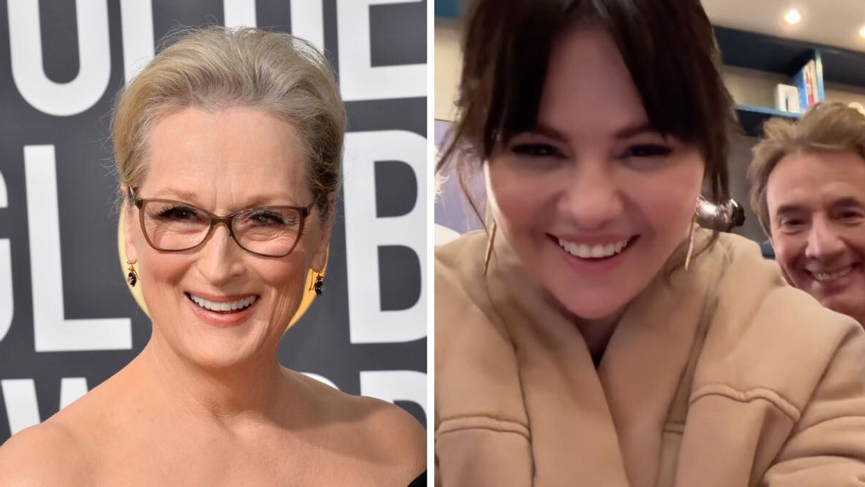 Meryl Streep at the 2018 Golden Globe Awards. Right: Selena Gomez and Martin Short in an Instagram video.