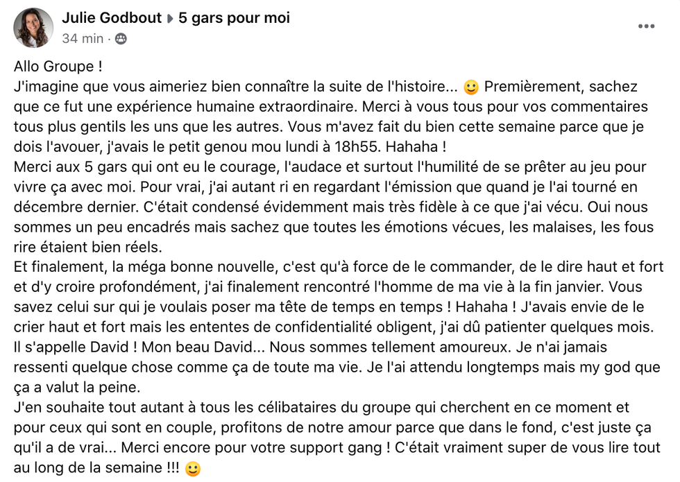 Message de Julie de 5 gars pour moi.