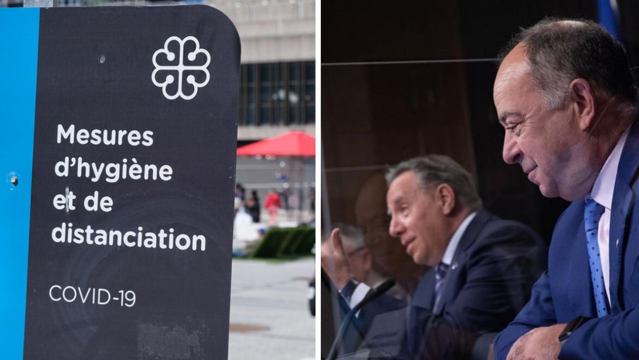 Mesures COVID-19 Montréal. Droite : François Legault et Christian Dubé en point de presse.