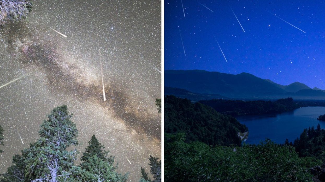 Meteor shower in a night sky.