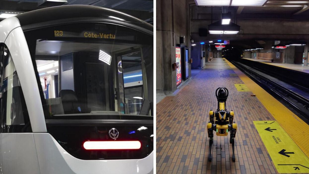 Métro de Montréal. Droite : Chien-robot Spot.