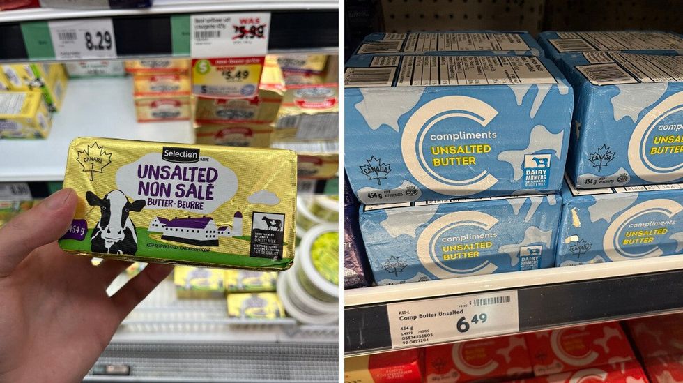 Metro's unsalted butter. Right: Sobeys unsalted butter