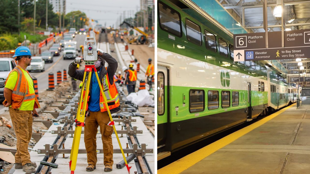 Metrolinx workers. Right: GO Train.