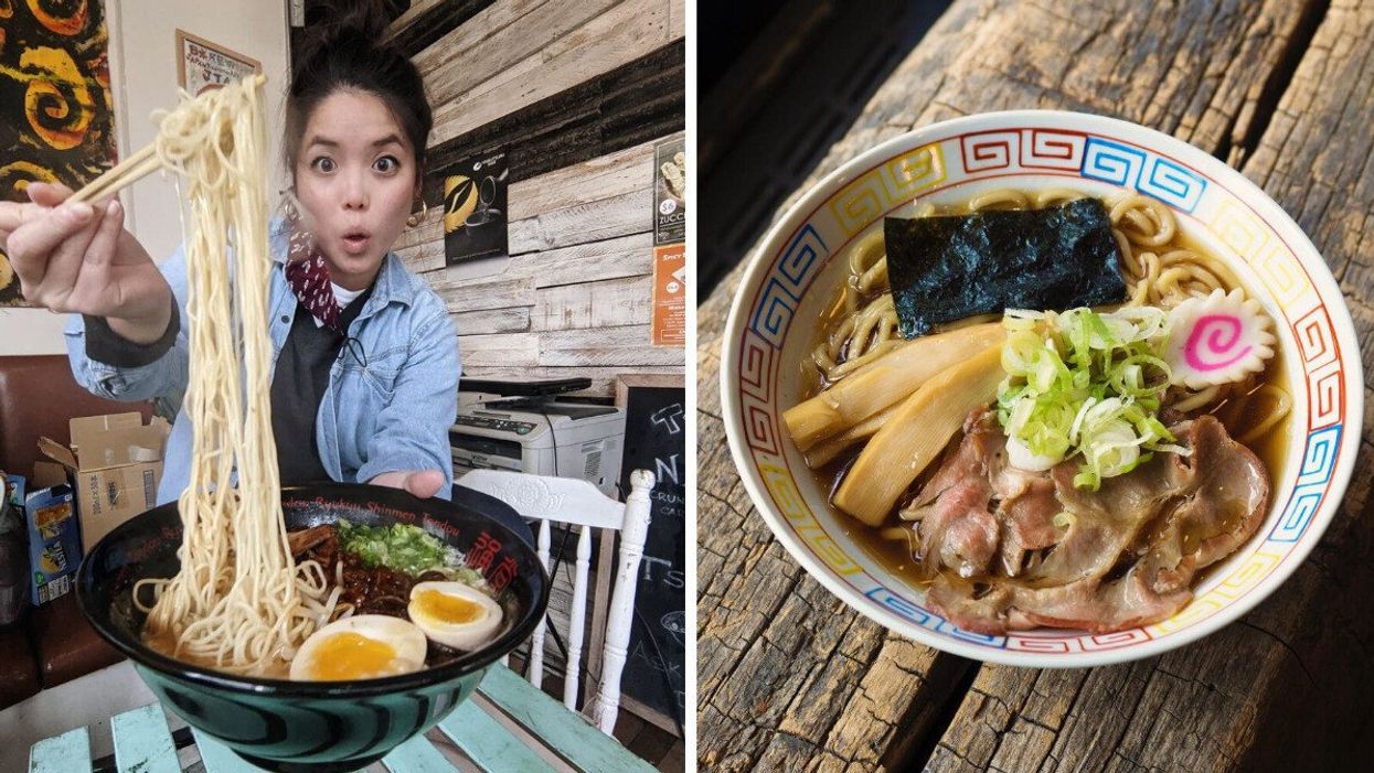 Mets de ramen. Droite : Le restaurant Ramen Nakamichi à Montréal.