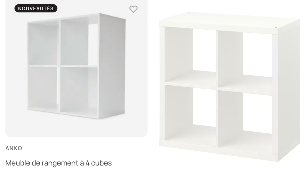 Meuble de rangement \u00e0 4 cubes Anko. Droite : Meuble de rangement \u00e0 4 cubes IKEA.