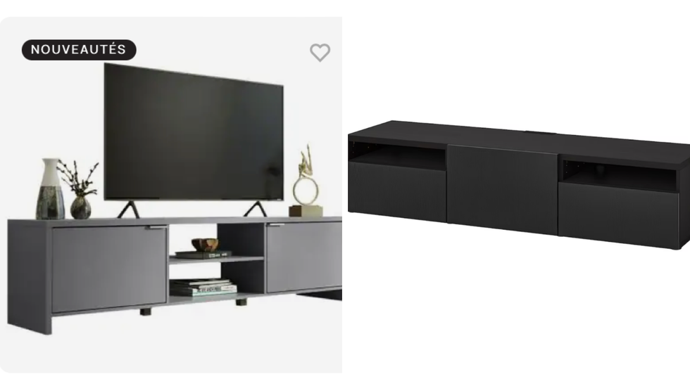 Meuble t\u00e9l\u00e9 gris \u00e0 deux portes. Droite : Meuble t\u00e9l\u00e9 noir avec deux tiroirs et une porte.