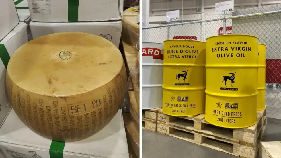 Meule de parmesan du Costco. Droite : Des barils d'huile d'olive.