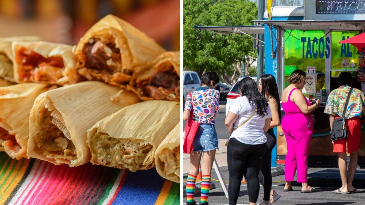 Mexican tamales. Right: People lining up at a food truck in Las Cruces, NM.