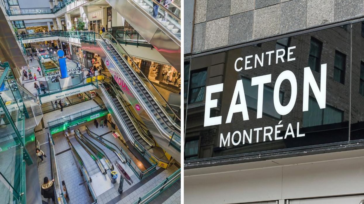 Mezzanine du Centre Eaton, Montréal. Droite : Façade du Centre Eaton Montréal.
