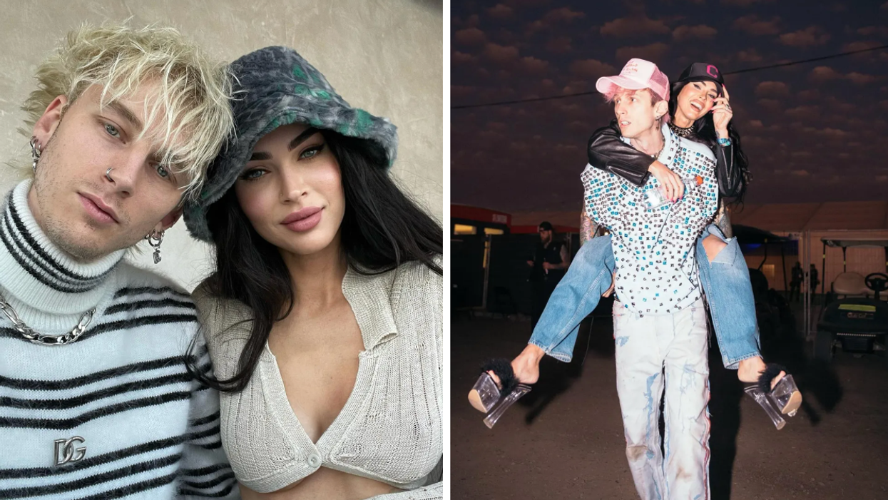 MGK and Megan Fox with their heads tilted toward each other. Right: MGK carrying Megan Fox on his back.