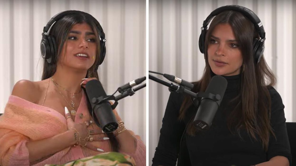 Mia Khalifa on Emily Ratajkowski's podcast. Right: Emily Ratajkowski on her podcast.
